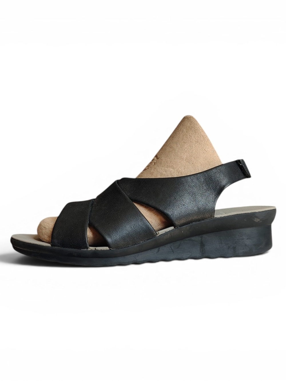 Cloudsteppers By Clarks Womens Black Leather Criss Cross Strap Wedge Sandals 10M
